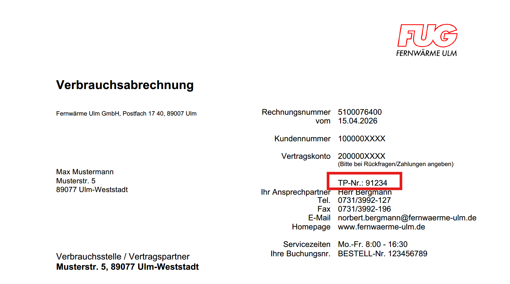 Ausschnitt einer FUG-Rechnung: Die TP-Nummer steht bei den Angaben zur Abnahmestelle.