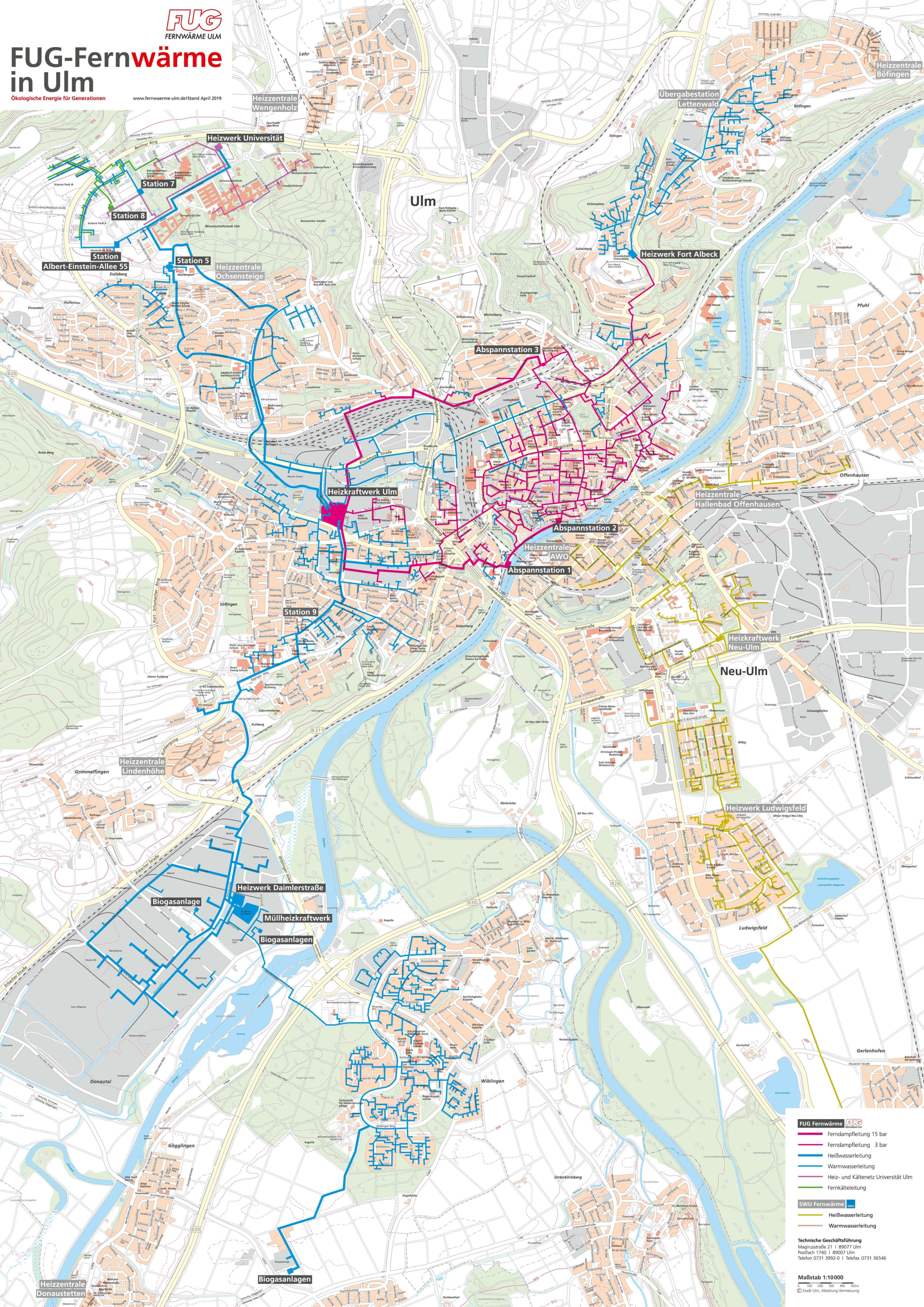 Plan des Fernwärmenetzes in Ulm: Leitungen der FUG vom Oberen Eselsberg und Böfingen über die Innenstadt und die Weststadt bis ins Donautal und nach Wiblingen, dazu das Netz der SWU in Neu-Ulm.